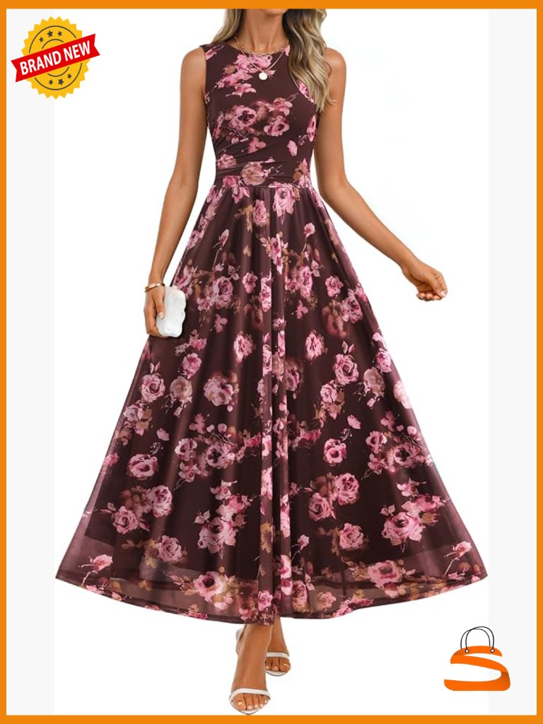 Sleeveless Floral Maxi Dress Crewneck A-Line Mesh Boho Beach Party Long